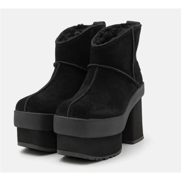 NWT UGG Black Mini New Heights 3” Platform Suede Boots Chunky Block Heel $200 - Picture 3 of 9